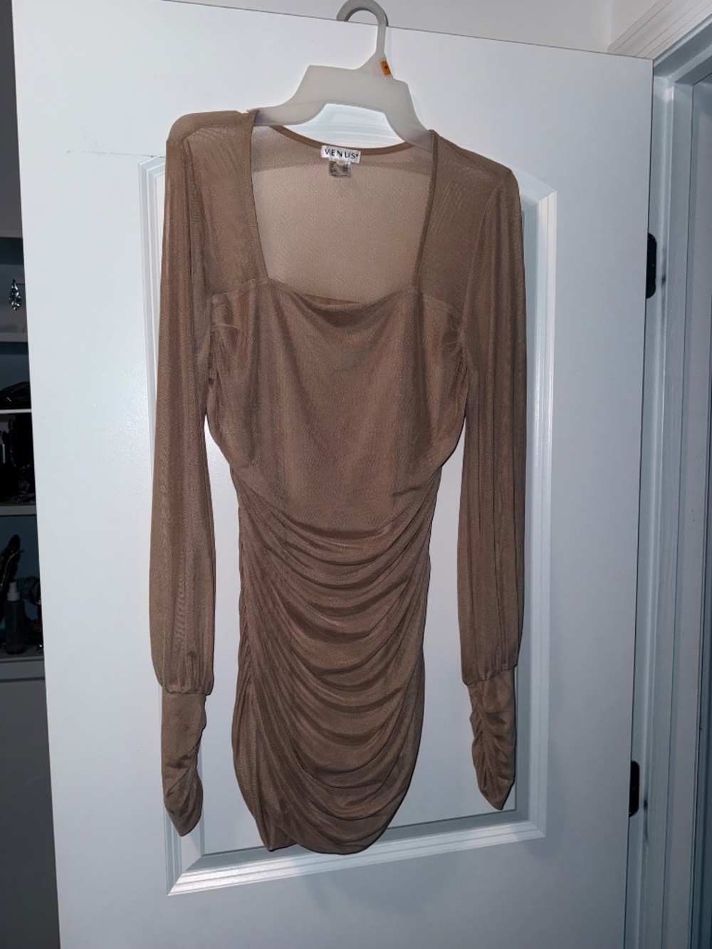 venus womens tops, Size L, nude color, mesh upper, mesh overlay, ruched body